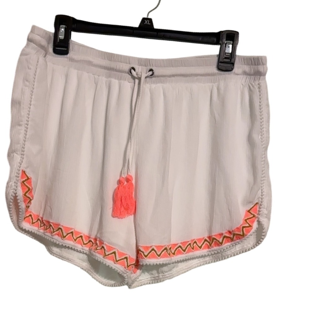 Dizzylizzy White Neon Embroidered Tassel Shorts Beach Cover Up Juniors‎ XL EUC